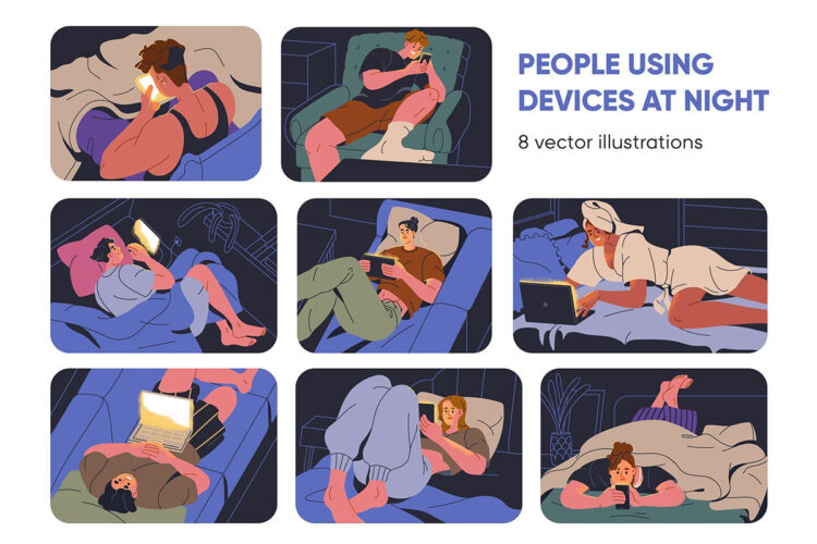 夜间卧室使用手机IPad平板电脑电子设备场景插图插画矢量设计素材 People Using Phones Devices at Night Set