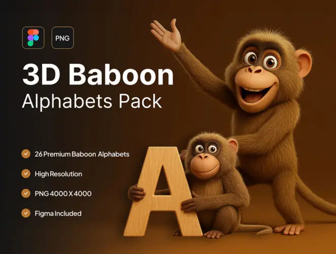 26款3D狒狒和英文字母组合符号3D图标webp免抠图设计素材 3D Baboon Alphabets Pack