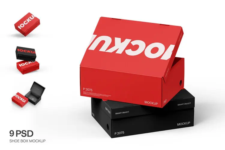 9款长方形翻盖纸盒鞋盒打包快递储物盒包装设计展示效果图ps样机 Shoe Box Mockup
