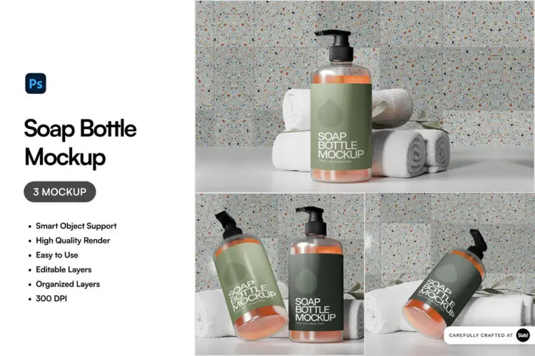 液体肥皂洗手液沐浴露按压瓶模型品牌logo标签包装设计贴图Ps样机素材 Soap Bottle Mockup