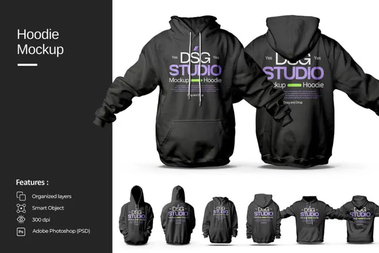 时尚长袖运动卫衣连帽衫模型品牌标识印花图案设计贴图Ps样机素材 Maquete de capuz