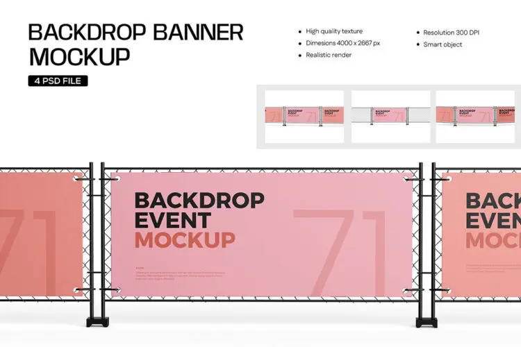 金属丝网围栏横幅海报广告模型展示设计贴图ps样机素材 Metallic Outdoor Fence Banner Mockup