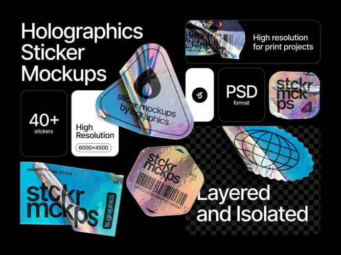 40款潮流复古怀旧异形做旧全息镭射防伪商标贴纸标签ps样机素材 Holographic Sticker Mockups