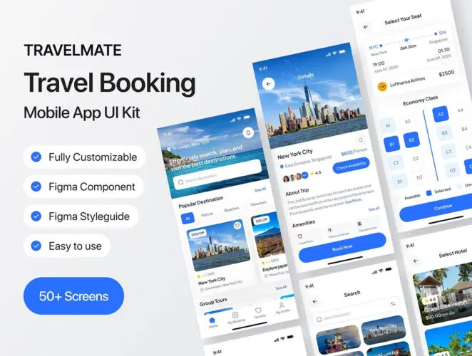 旅行机票酒店行程航班票务预定App应用ui界面设计模版 TravelMate Travel Booking App