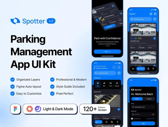 手机停车泊车停车场定位查找app设计模板用户界面蓝色UI套件 Spotter – Parking System Management
