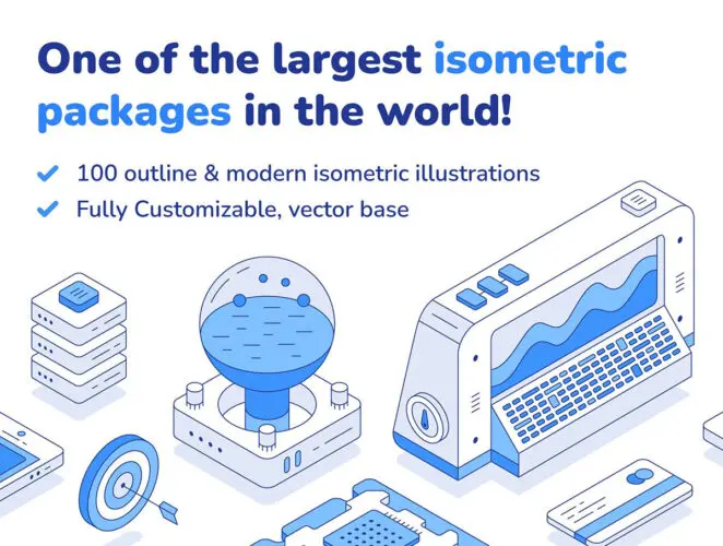 科技互联未来区块链软件硬件技术云服务场景2.5D等距插图插画设计素材 Outline isometric illustration set