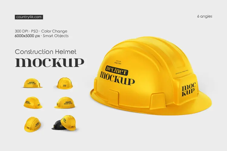 建筑工地安全帽头盔帽子商标logo设计展示效果图ps样机素材 Construction Safety Helmet Mockup