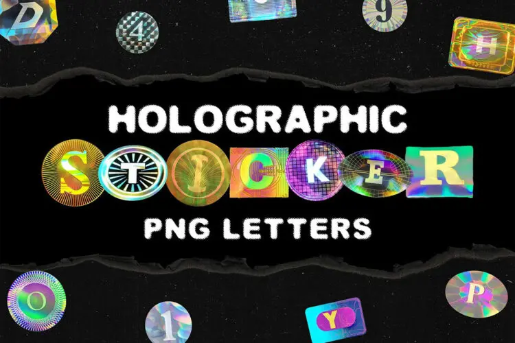 80+复古全息镭射贴纸英文字母塑料背景纹理PNG免扣图片设计素材 Holographic Sticker PNG Letters Pack