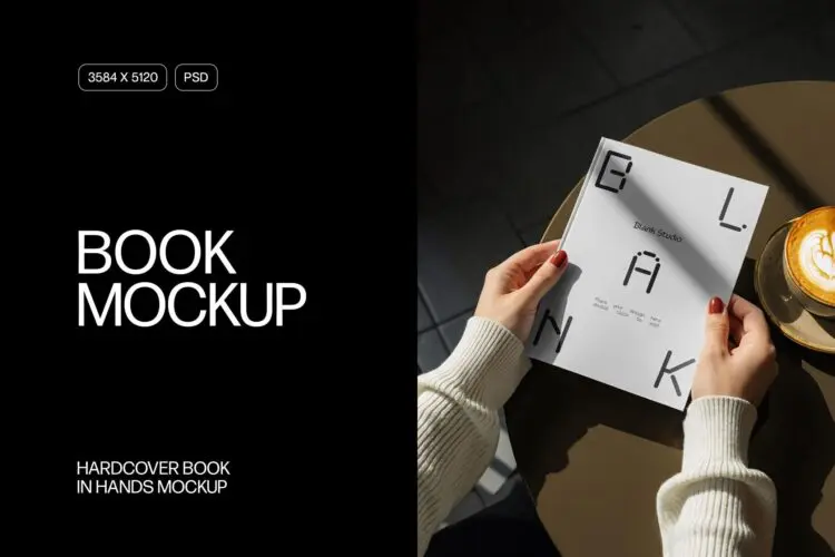 硬面精装书籍画册手册内页排版设计作品贴图ps样机素材展示效果图 Hardcover Book in Hands Mockup