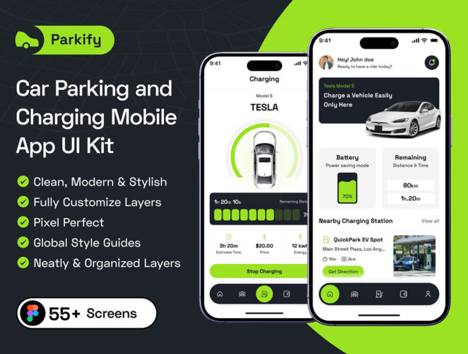 55+屏现代城市停车充电桩充电站移动app界面设计ui套件figma模板 Parkify – Car Parking and Charging Mobile APP UI Kit