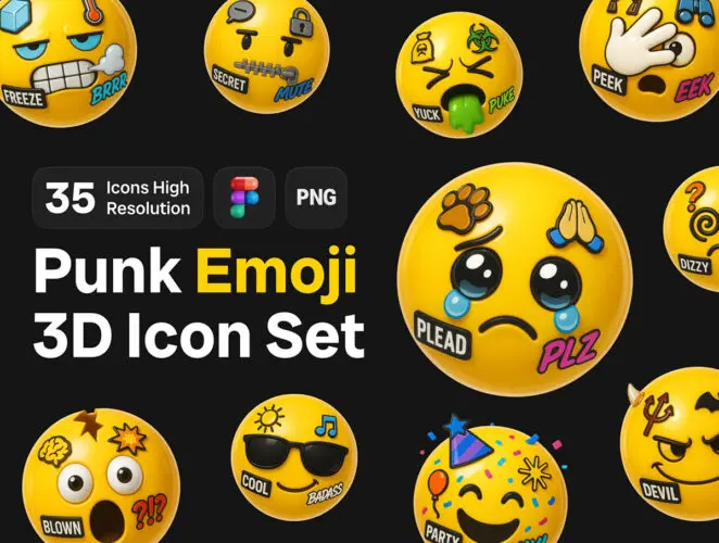 35款趣味3D可爱卡通活力Emoji表情包iocn图标PNG图形插画插图 Punk Emoji 3D Icon Set