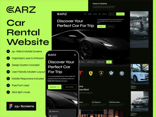 汽车豪车跑车租赁平台网站响应式网页界面设计ui套件模板 CARZ – Car Rental Website UI Kit