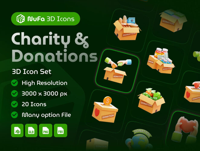 20款慈善捐款献爱心场景演示3D图标icon设计素材 Charity & Donations 3D Icon Set