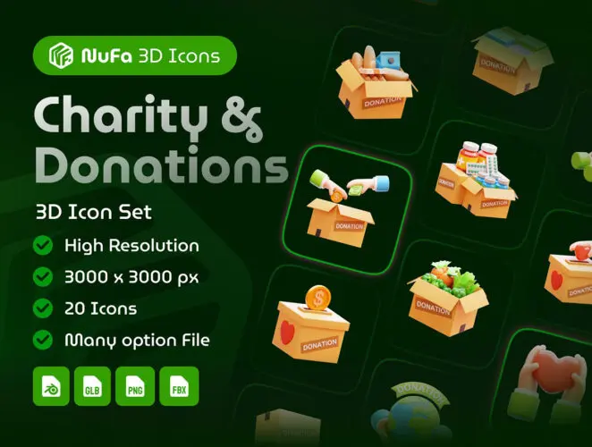 20款慈善捐款献爱心场景演示3D图标icon设计素材 Charity & Donations 3D Icon Set