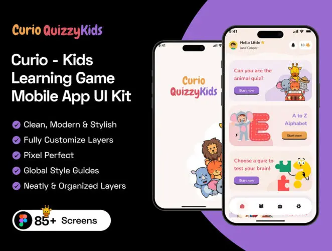 幼儿教育儿童英语学习教育游戏移动应用 UI 套件 Curio – Kids Learning Game Mobile App UI Kit