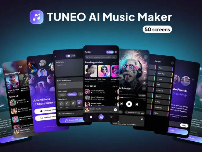 AI 驱动的音乐制作应用程序的现代 UI 套件 Tuneo AI Music Maker