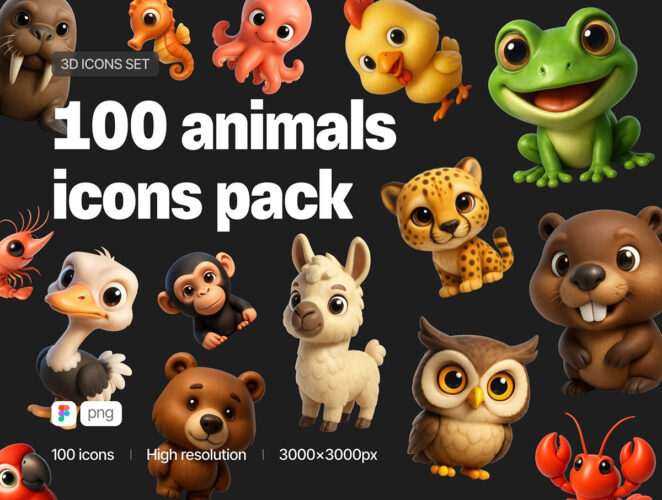 100 个高分辨率 3D 动物图标的高级套装 Animals 100pcs 3D Icons