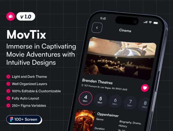 100屏电影影院在线票务预订app设计iOS用户界面ui套件模板 MovTix – Movie Ticket Booking App UI Kit