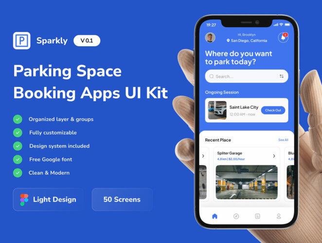 50屏泊车停车位预订应用app设计用户界面ui套件模板 Sparkly – Parking Space Booking Mobile App UI Kit