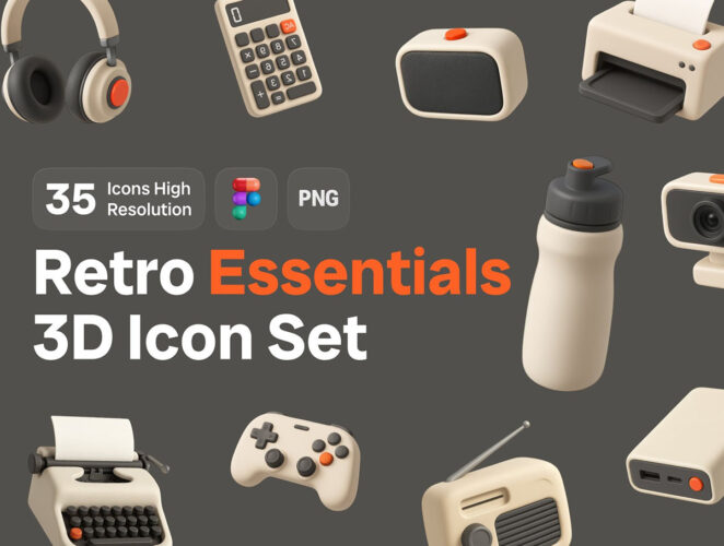 35款哑光纹理奶油色办公文具数码产品插图3D图标icon素材png免抠图片 Retro Essentials 3D Icon Set