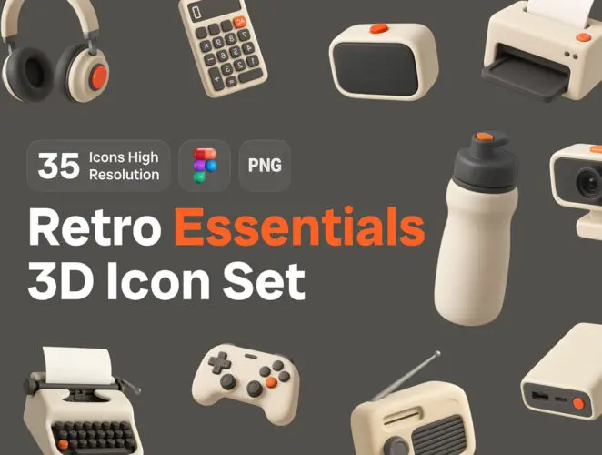 35款哑光纹理奶油色办公文具数码产品插图3D图标icon素材webp免抠图片 Retro Essentials 3D Icon Set