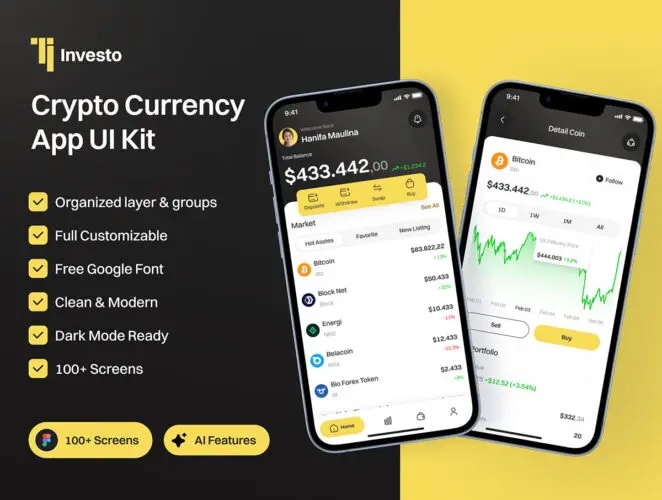 100+屏银行金融理财加密货币钱包应用app设计用户界面ui套件模板 Investo – Crypto Currency App UI Kit