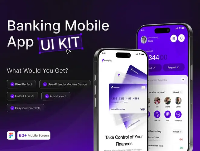 25+屏高端金融理财财务电子钱包软件app设计ui套件figma模板素材 Finanpay – Seamless Finance App UI Kit