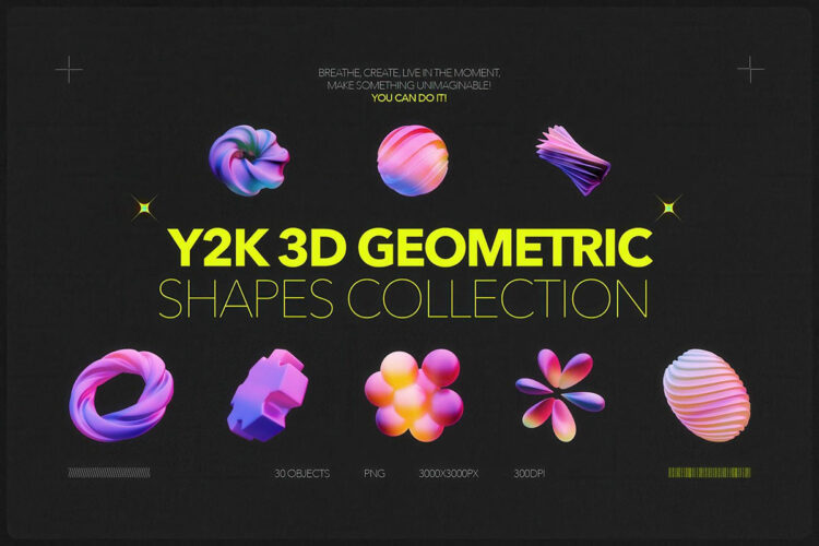款3D霓虹灯Y2K蒸汽波抽象艺术几何图形png免抠拼贴素材 Y2K 3D Geometric Shapes Collection