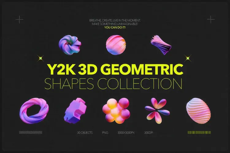 款3D霓虹灯Y2K蒸汽波抽象艺术几何图形webp免抠拼贴素材 Y2K 3D Geometric Shapes Collection
