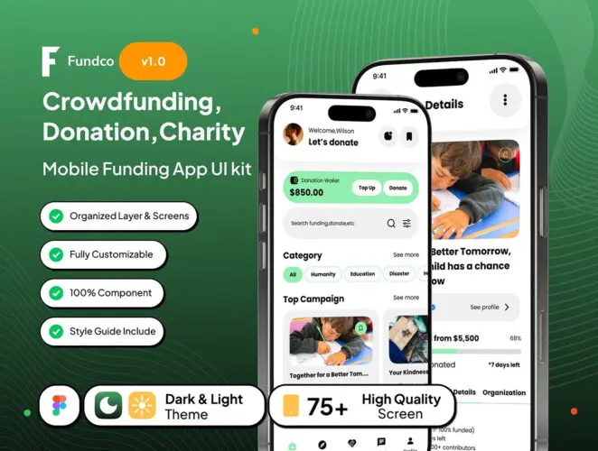用于捐赠、活动和慈善事业的高级移动资金 UI 套件 Fundco – Mobile Crowdfunding App Ui Kit