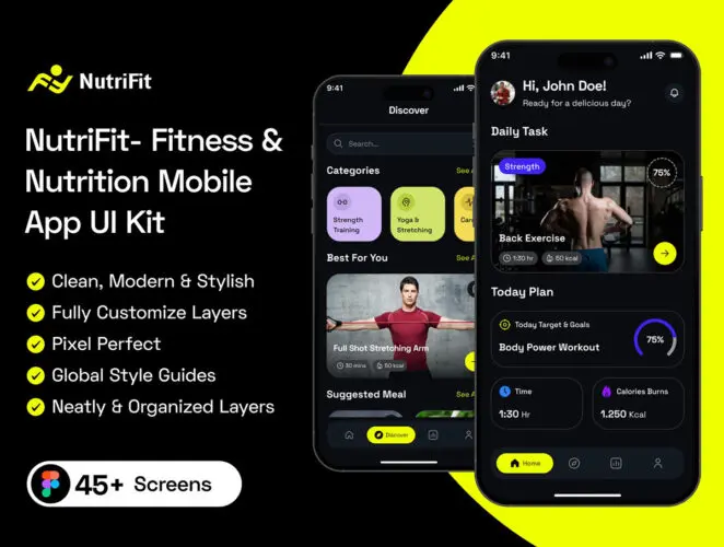 健身与营养移动应用程序UI套件 NutriFit- Fitness & Nutrition Mobile App UI Kit