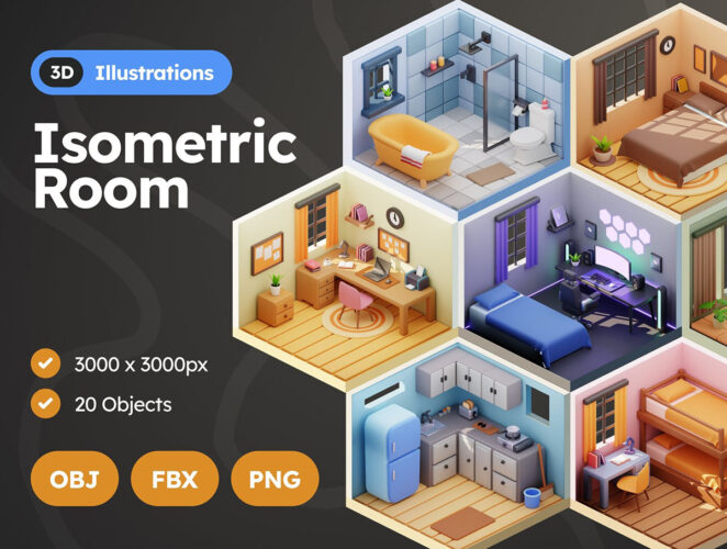 20款3D等距房间布置摆设插图插画png免抠图片设计素材 Isometric Room 3D Illustrations