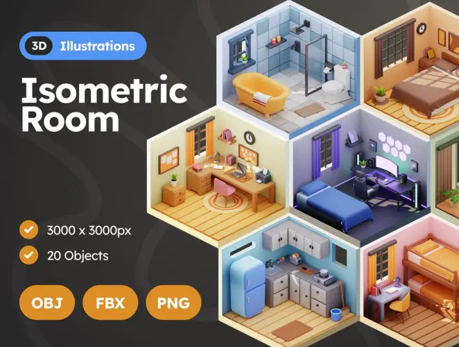 20款3D等距房间布置摆设插图插画webp免抠图片设计素材 Isometric Room 3D Illustrations