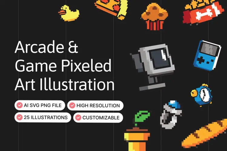25款趣味卡通潮流复古街机游戏低保真像素马赛克插画图标矢量素材 Arcade & Game Pixeled Art Illustration Set