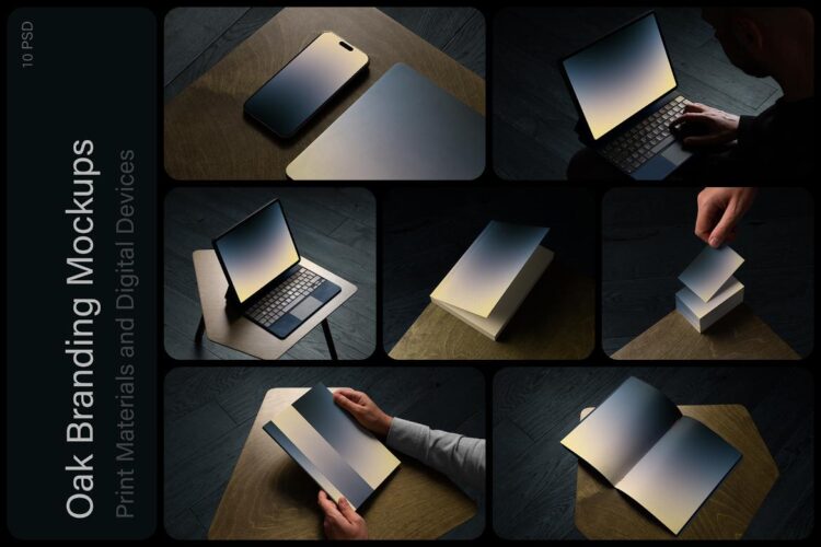 10款iPhone手机Macbook笔记本名片封面设计作品展示效果图ps样机 Oak Branding Mockups Kit