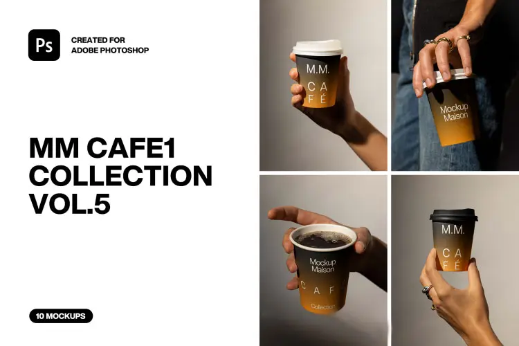 10款质感手持美式咖啡一次性纸杯外带杯包装设计展示效果图ps样机 MM Cafe1 Collection VOL.5