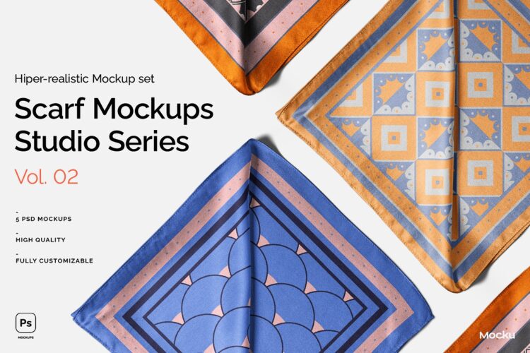 5款丝绸面料围脖丝巾披肩方巾手帕围巾印花图案设计ps样机素材 Silk Scarf Mockup – Studio series 02