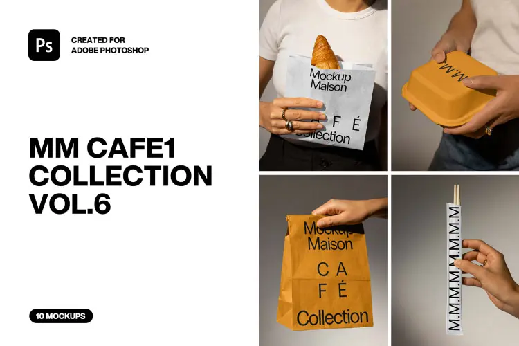 10款外卖一次性打包盒牛皮纸袋筷子包装设计展示效果图ps样机素材 MM Cafe1 Collection VOL.6