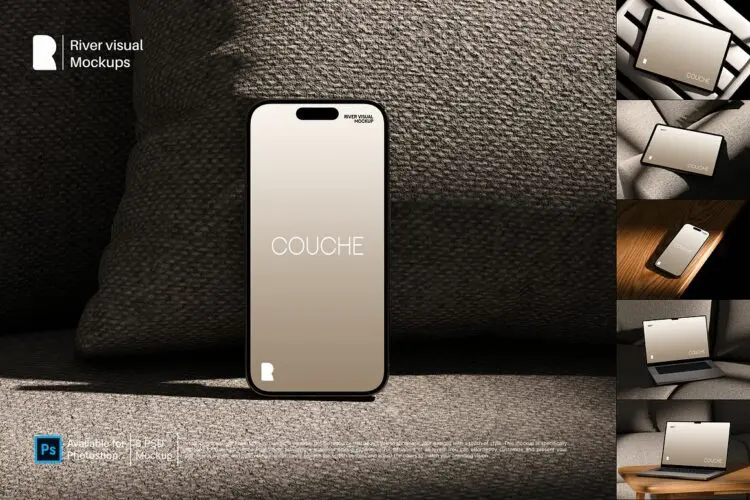 8款工业风iPhone手机iPad平板Macbook笔记本电脑展示效果图ps样机 Device Mockup Couche Series Bundle