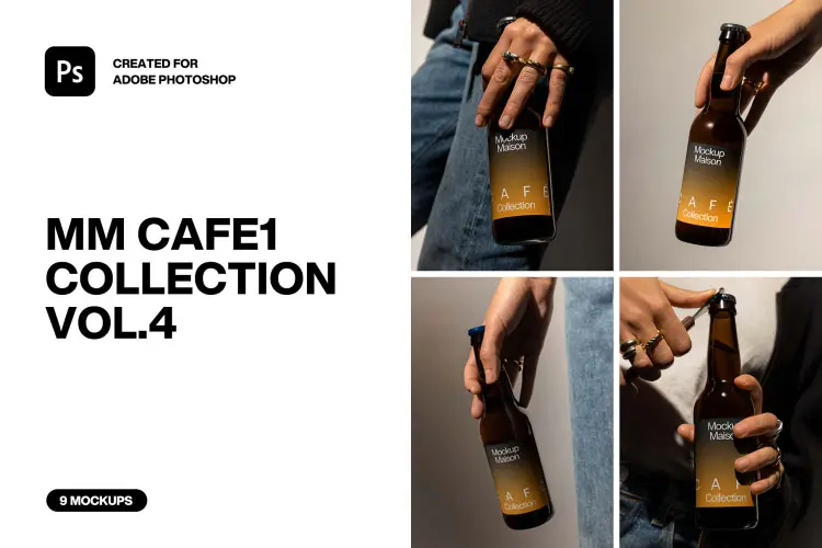 9款质感手持啤酒瓶标签组合包装设计作品展示效果图ps样机素材 MM Cafe1 Collection VOL.4