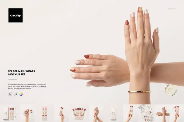 11款美甲化妆品美妆指甲贴片包装印花图案色板展示效果图ps样机 UV Gel Nail Wraps Mockup Set