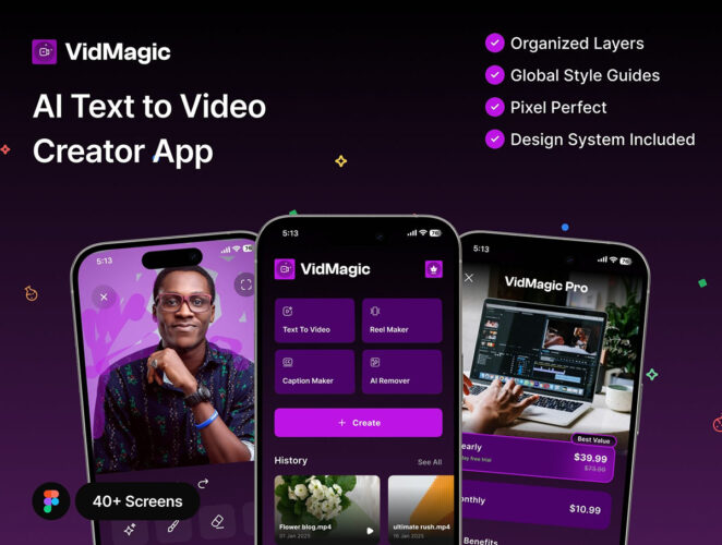 40+屏 AI 文本转视频创建应用程序 UI 套件 VidMagic – AI Text to video creator app
