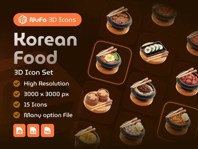 15款韩国美食3D图标应用程序界面插图icon素材 Korean Food 3D Icon Set