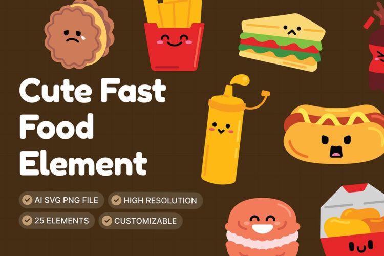 趣味可爱卡通拟人快餐元素插图插画Ai矢量设计素材 Cute Fast-Food Element Set