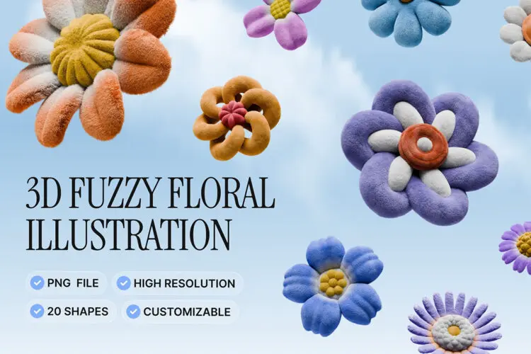 20款高清3D趣味卡通多彩毛绒蓬松花卉鲜花webp免抠图片素材 3D Fuzzy Floral Illustration Set