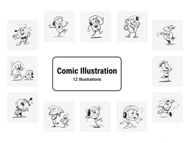 12幅趣味拟人音乐场景线性矢量插图插画包 Comic Groove – A Fun & Musical Illustration Pack