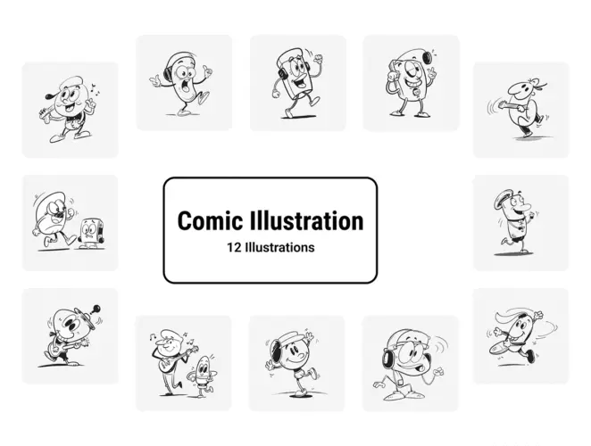 12幅趣味拟人音乐场景线性矢量插图插画包 Comic Groove – A Fun & Musical Illustration Pack
