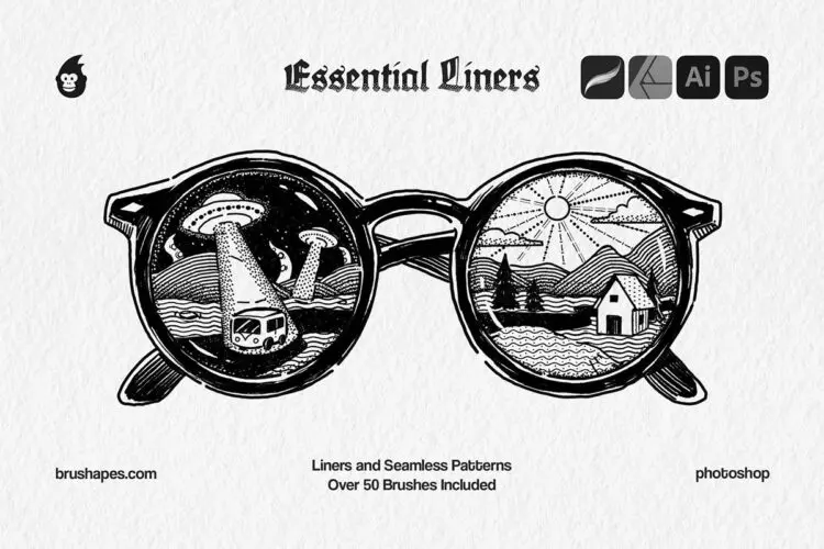 52款潮流手工复古圆点肌理手绘插画水笔漫画Photoshop / Illustrator / Procreate / Affinity笔刷素材 Essential Liner Brushes