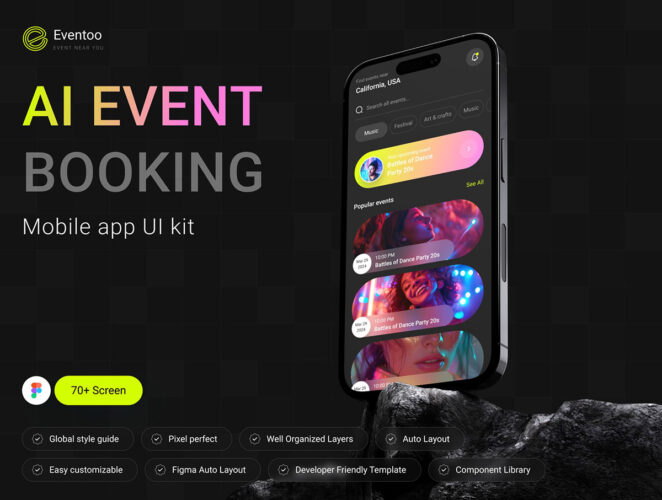 70屏人工智能Ai聊天机器人活动预订应用app设计用户界面ui套件模板 Eventoo The AI-Powered Event Booking App UI Kit