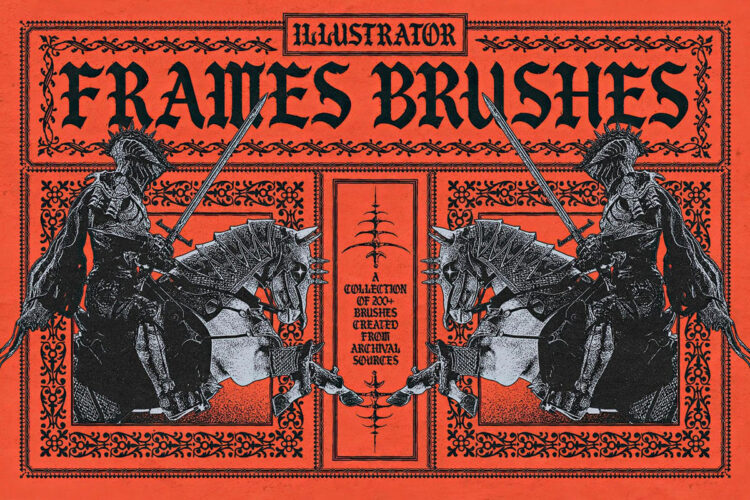 200+复古中世纪欧式繁复花纹边框AI矢量笔刷图形设计套装 Frames Brushes for Adobe Illustrator